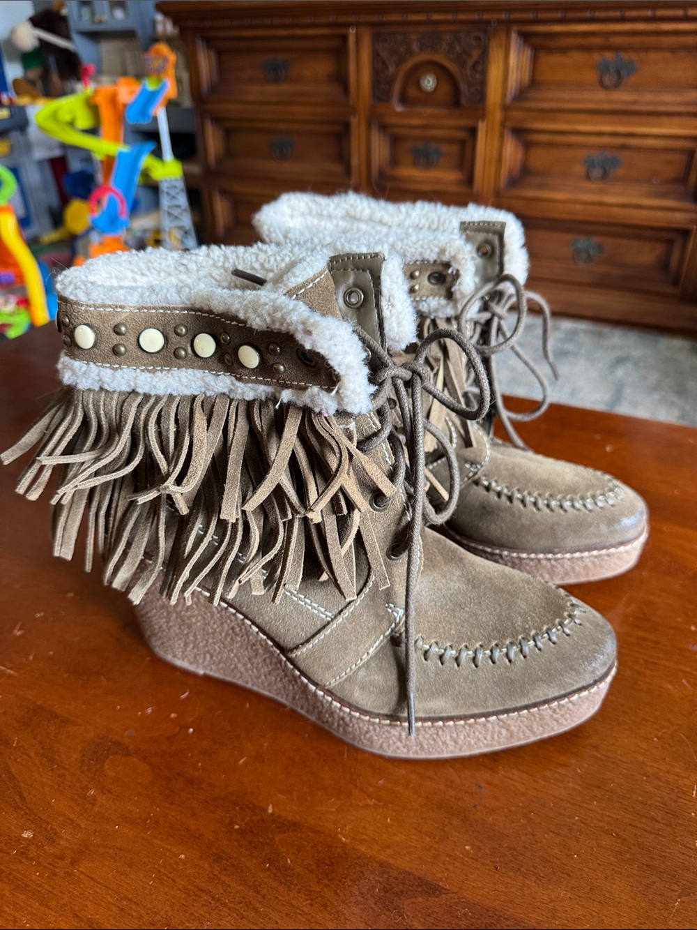 Fringe Faux-Shearling Wedge Ankle Boots - Taupe
